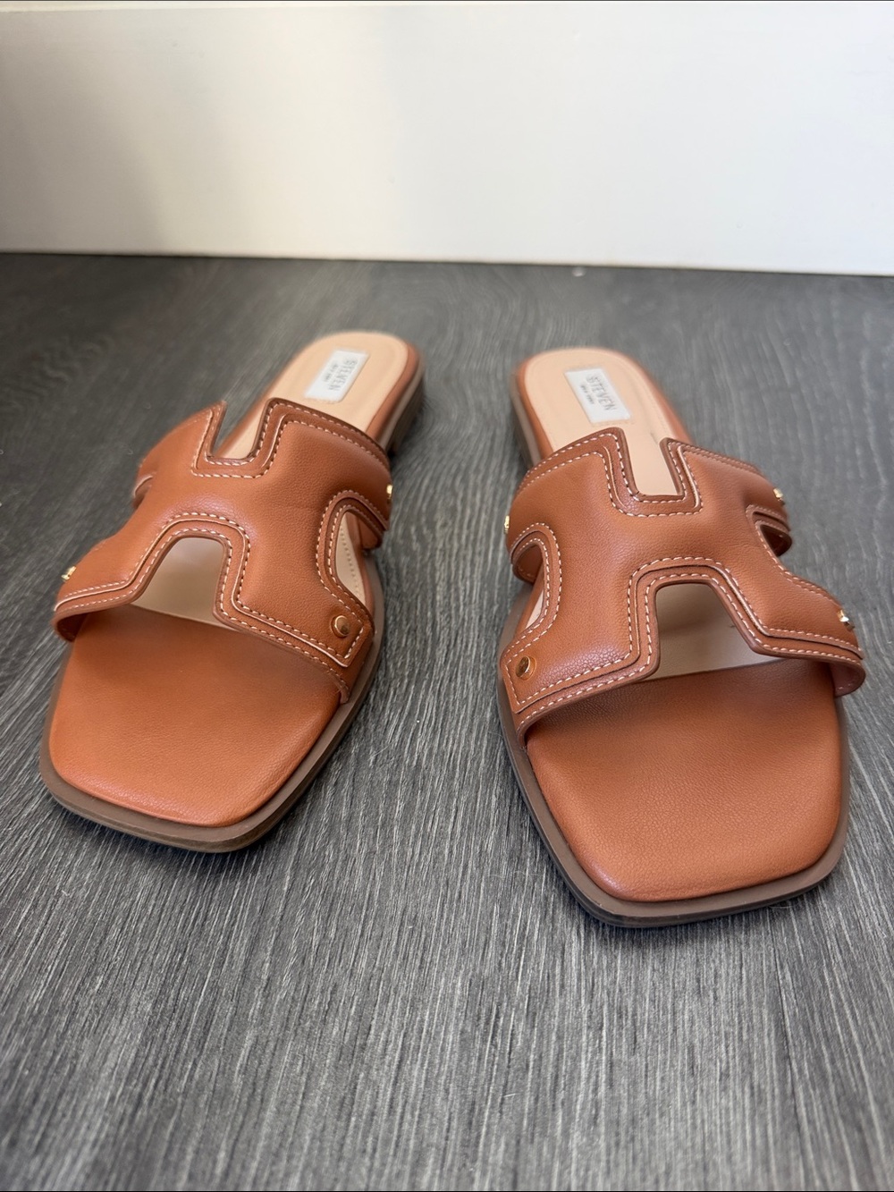Leather Style Slide Sandals in Cognac Brown